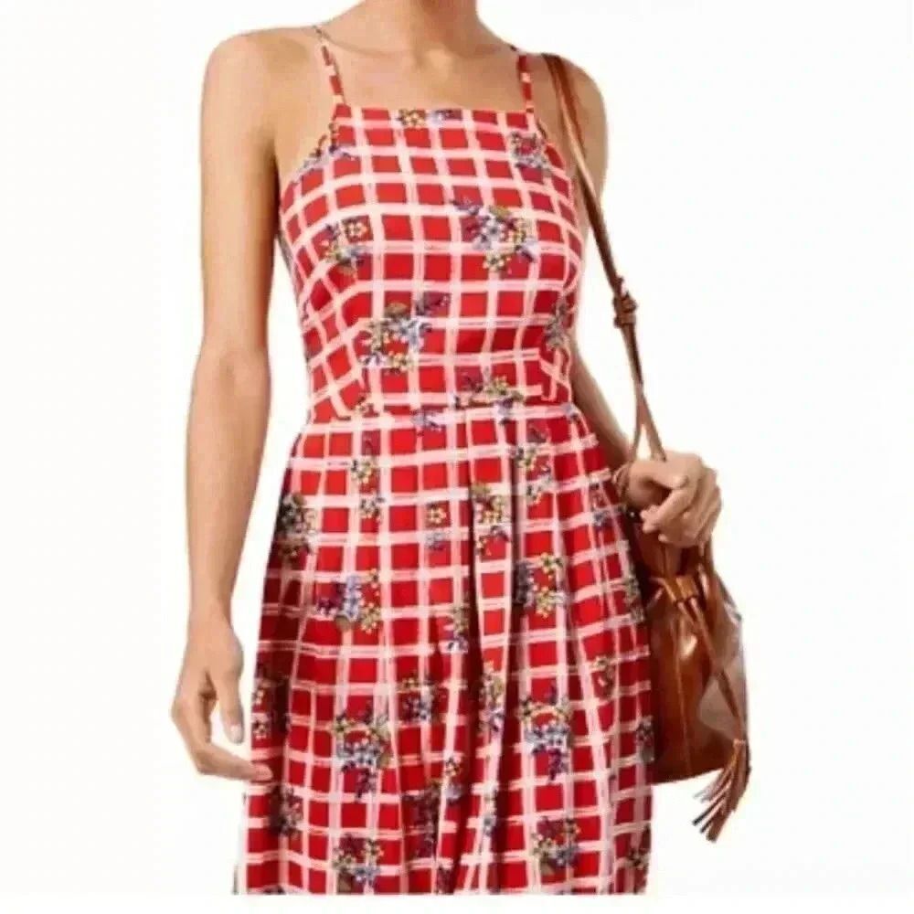 Red Plaid Floral Spaghetti-Strap Summer Dress